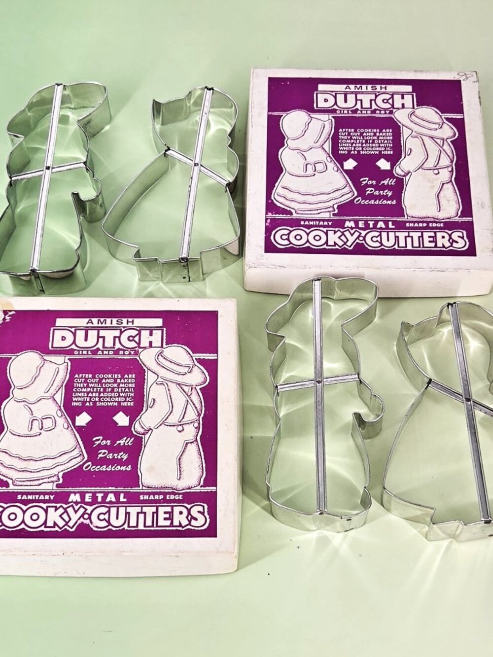 2 Sets VTG Amish Dutch Metal Girl & Boy Large Cookie Cutters Farmhouse Orig. Box